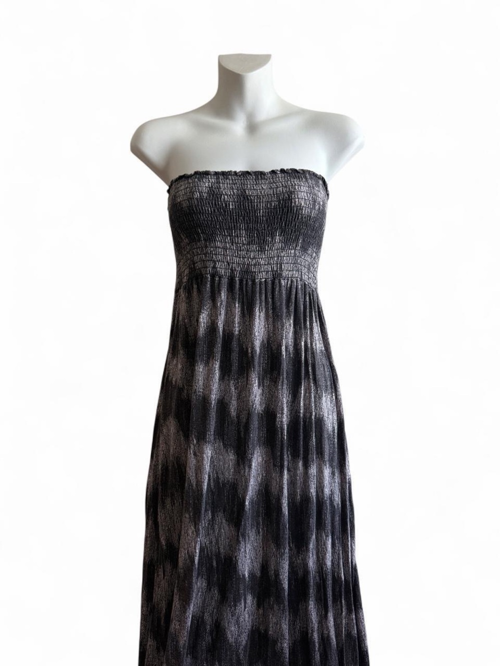 bebe Strapless Black & Gray Tie-Dye Maxi Dress